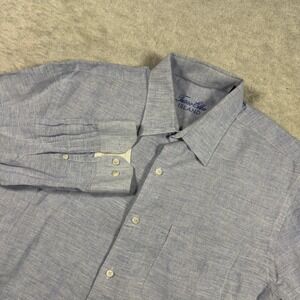 Tasso Elba Button Front Mens L Blue Island Linen Cotton Long Sleeve Shirt Pocket